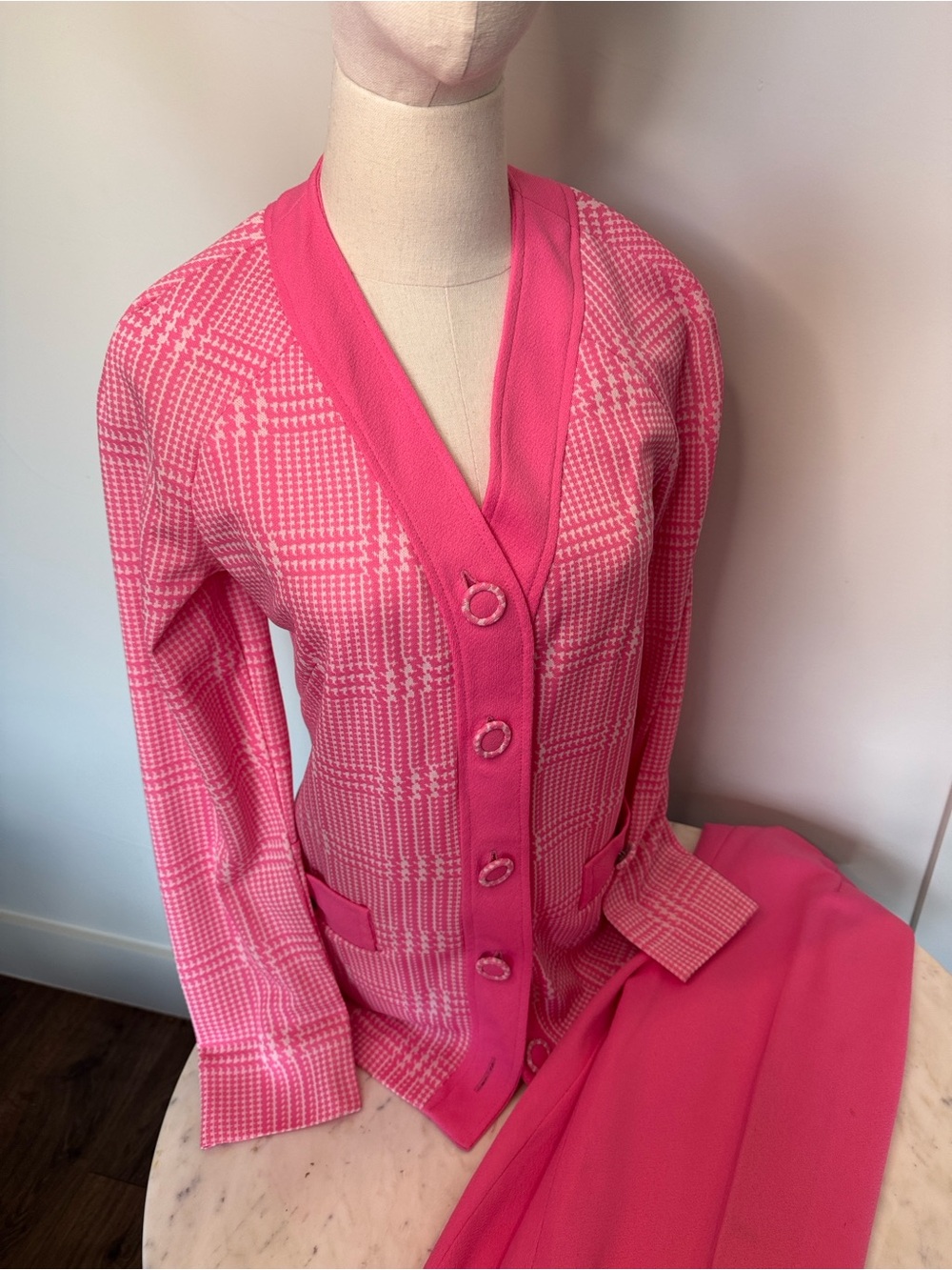 Vintage Halloween Barbie Pink Houndstooth Knit Cardigan jacket with pants